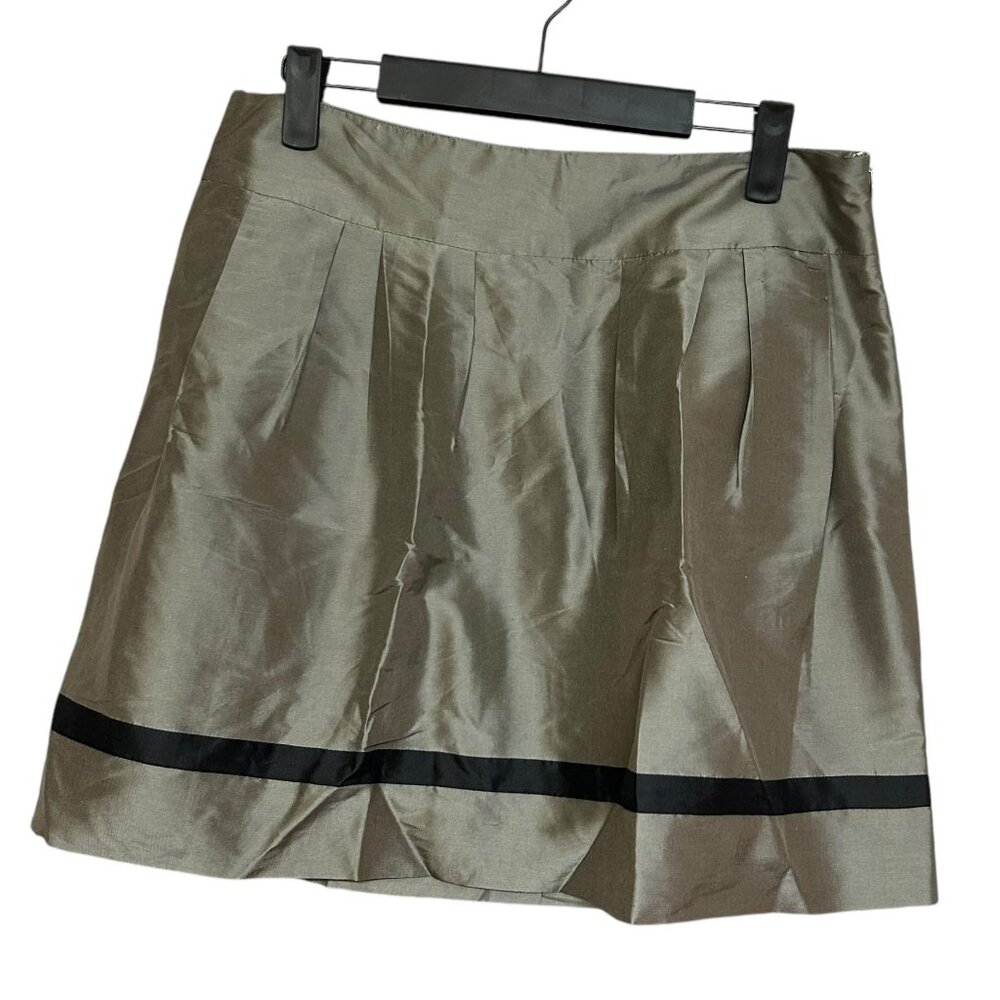 Kensie Olive Green Pleated Silk Taffeta Mini Skirt Black Stripe Detail Size 6